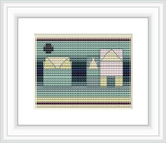The pattern features three stylized houses rendered in pastel shades of blue, green, and purple, set against an abstracted background of horizontal gradient stripes.