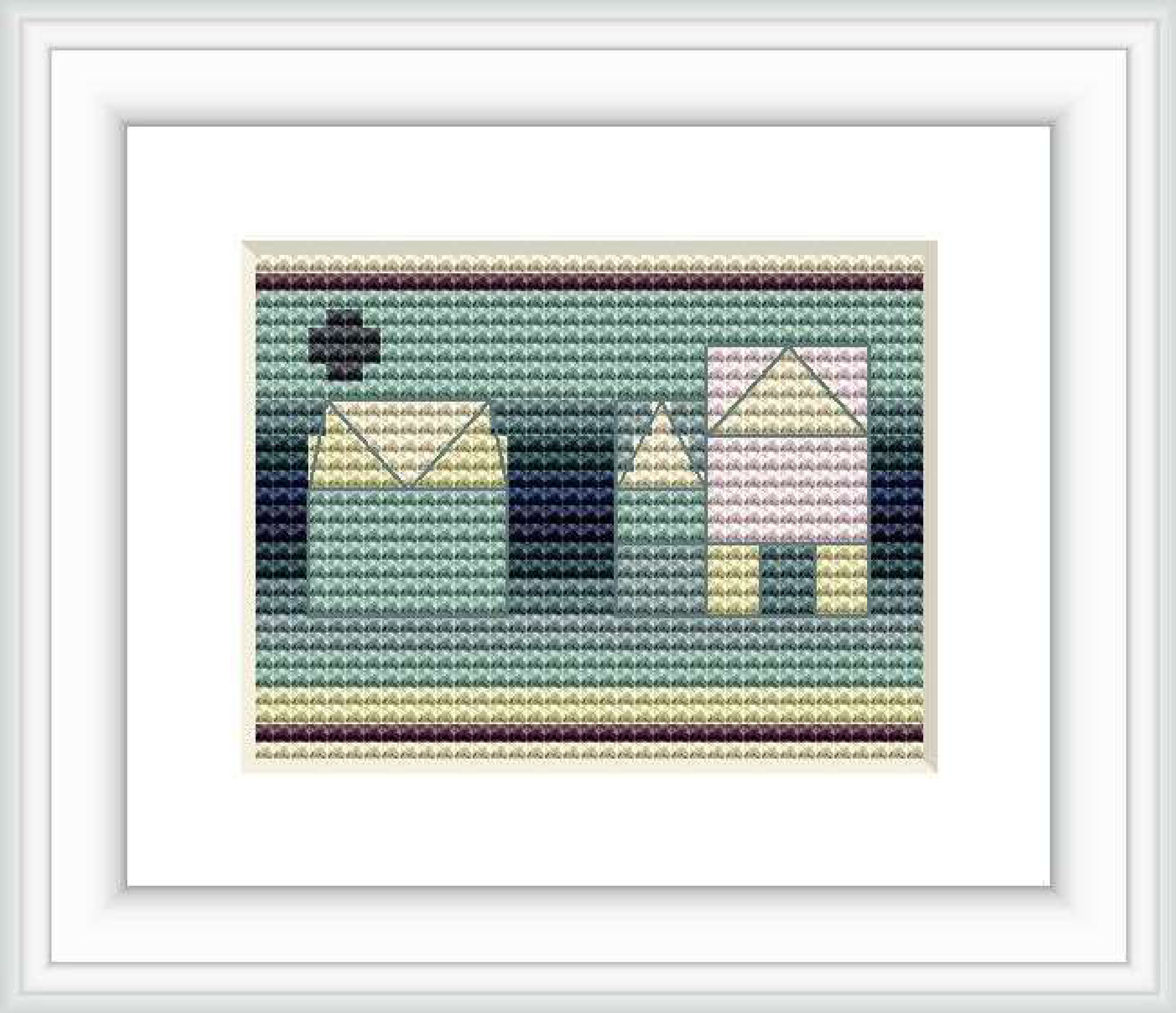 The pattern features three stylized houses rendered in pastel shades of blue, green, and purple, set against an abstracted background of horizontal gradient stripes.