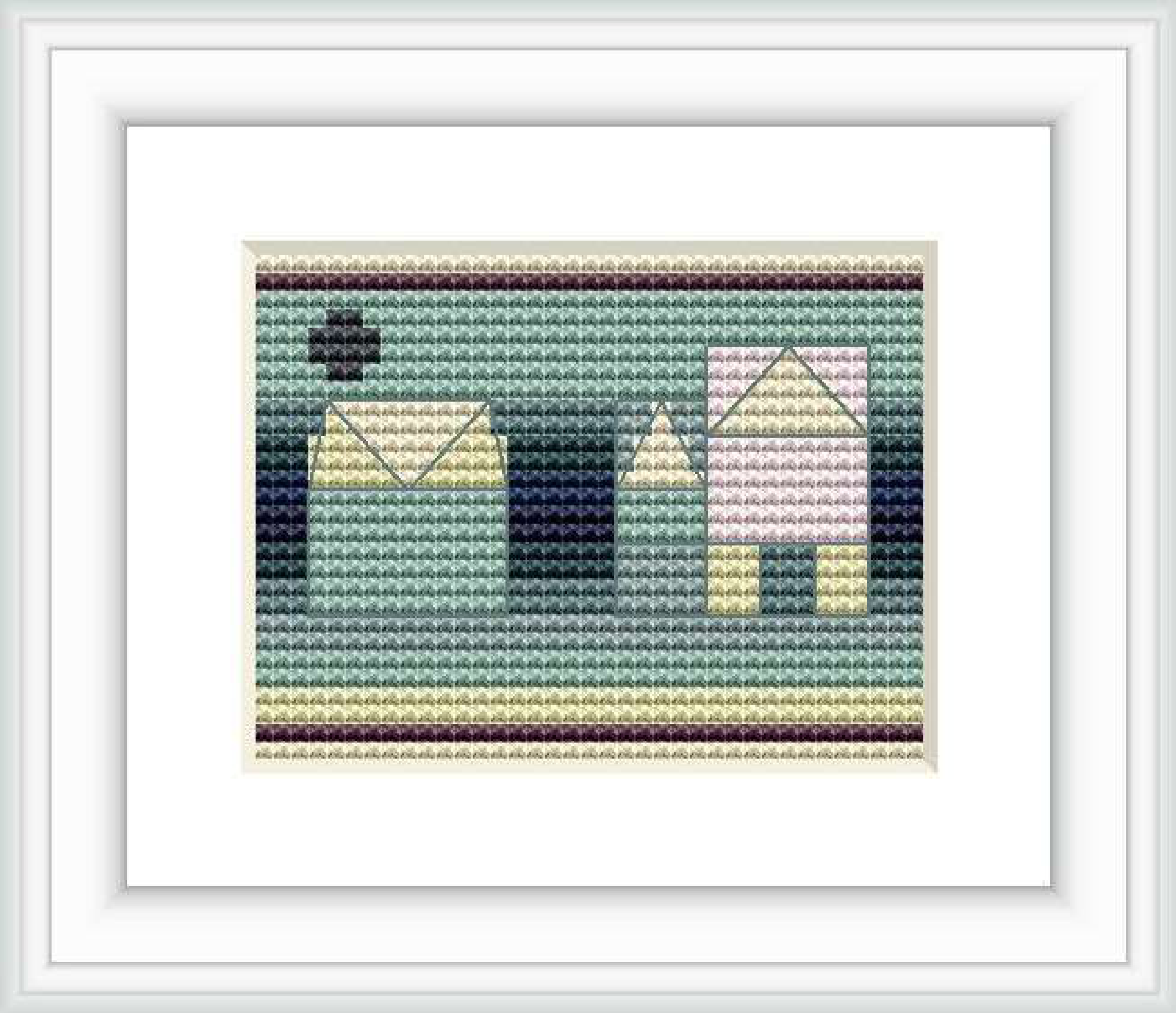The pattern features three stylized houses rendered in pastel shades of blue, green, and purple, set against an abstracted background of horizontal gradient stripes.