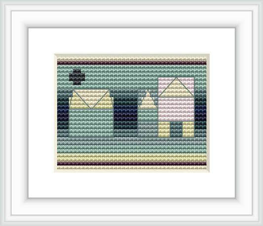 The pattern features three stylized houses rendered in pastel shades of blue, green, and purple, set against an abstracted background of horizontal gradient stripes.