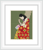A framed cross stitch pattern showing a seated figure engaged in stitching, set against a patterned background. The figure is wearing a dress with Klimt's distinct mosaic style, and the foreground and background exhibit contrasting color themes.