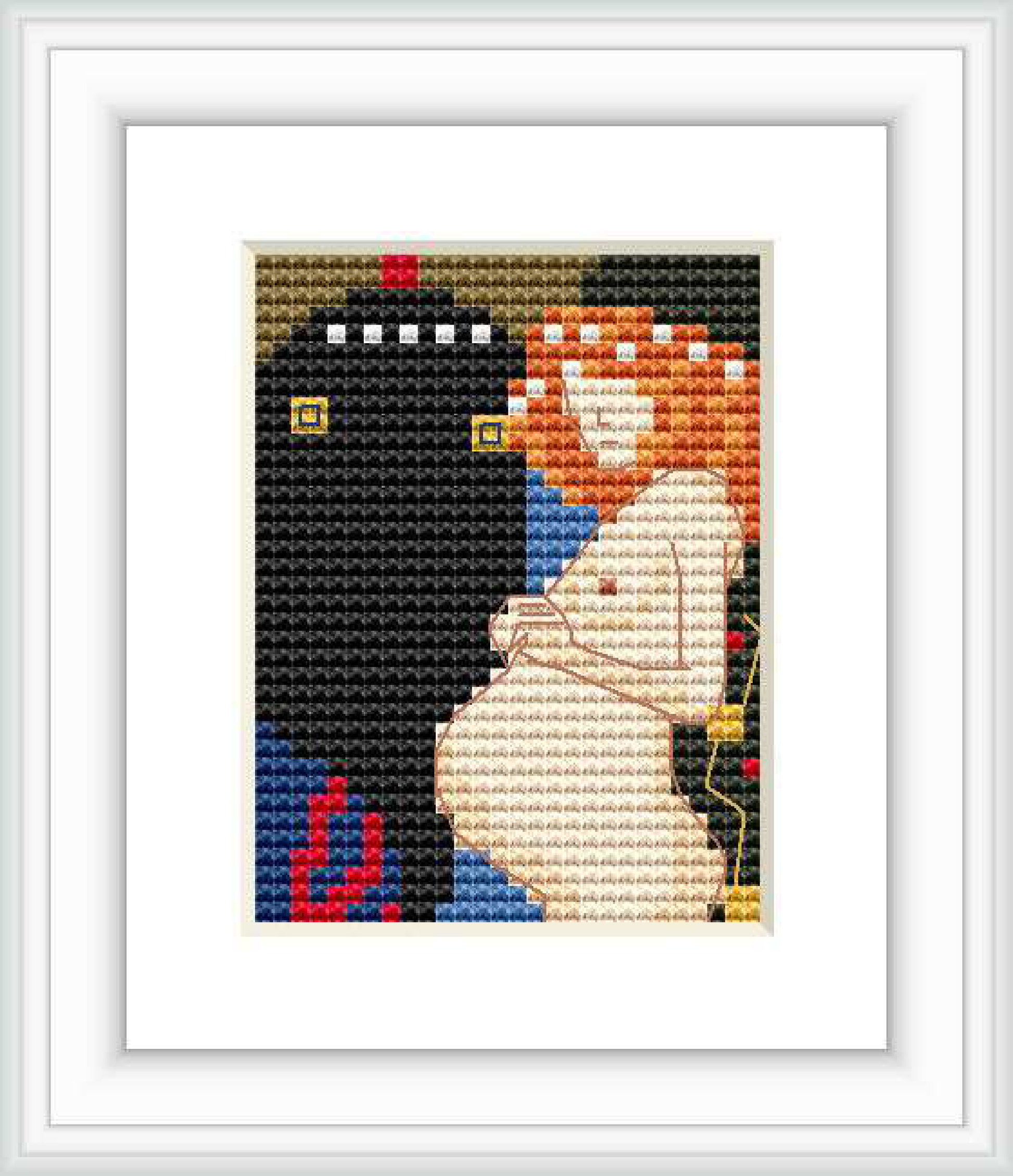 A cross stitch depiction of two embraced figures, referencing the artistic style of Gustav Klimt.