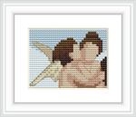 The cross stitch pattern depicts two cherubic figures closely embracing against a backdrop of soft blue sky with wisps of white clouds.