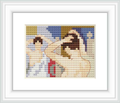 The image features a cross stitch reproduction of a painting showing a woman standing in front of a mirror, or 'psyche'. Her upper body is visible as she appears to be fixing her hair or dress. The background includes a flat surface, likely a wall, with subtle patterns.