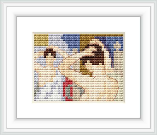 The image features a cross stitch reproduction of a painting showing a woman standing in front of a mirror, or 'psyche'. Her upper body is visible as she appears to be fixing her hair or dress. The background includes a flat surface, likely a wall, with subtle patterns.