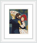 The image depicts a male and female figure engaging in a dance. The man is dressed in a dark suit and the woman in a white dress with red accents. They are set against a backdrop with shades of green.