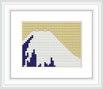 The cross stitch pattern depicts a stylized version of Mount Fuji with a gold and beige background, emphasizing the geometric shapes and color gradients of the mountain.