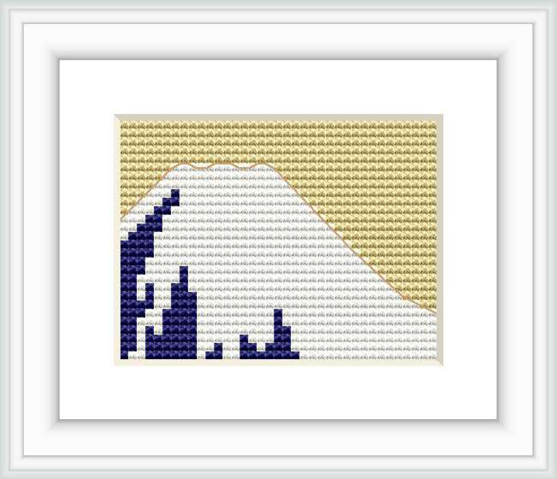 The cross stitch pattern depicts a stylized version of Mount Fuji with a gold and beige background, emphasizing the geometric shapes and color gradients of the mountain.