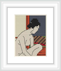 The image features a cross stitch recreation of 'Yokugo No Onna' by Hashiguchi Goyō, showing a seated Japanese woman in profile view from the back, contemplating. The background includes a navy panel and part of a red-orange border of traditional design.