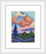 The image depicts a stylized landscape with a large pink cloud dominating the sky above a line of greenery, with blue and purple hues suggesting a body of water and smaller elements resembling flowers in the foreground.