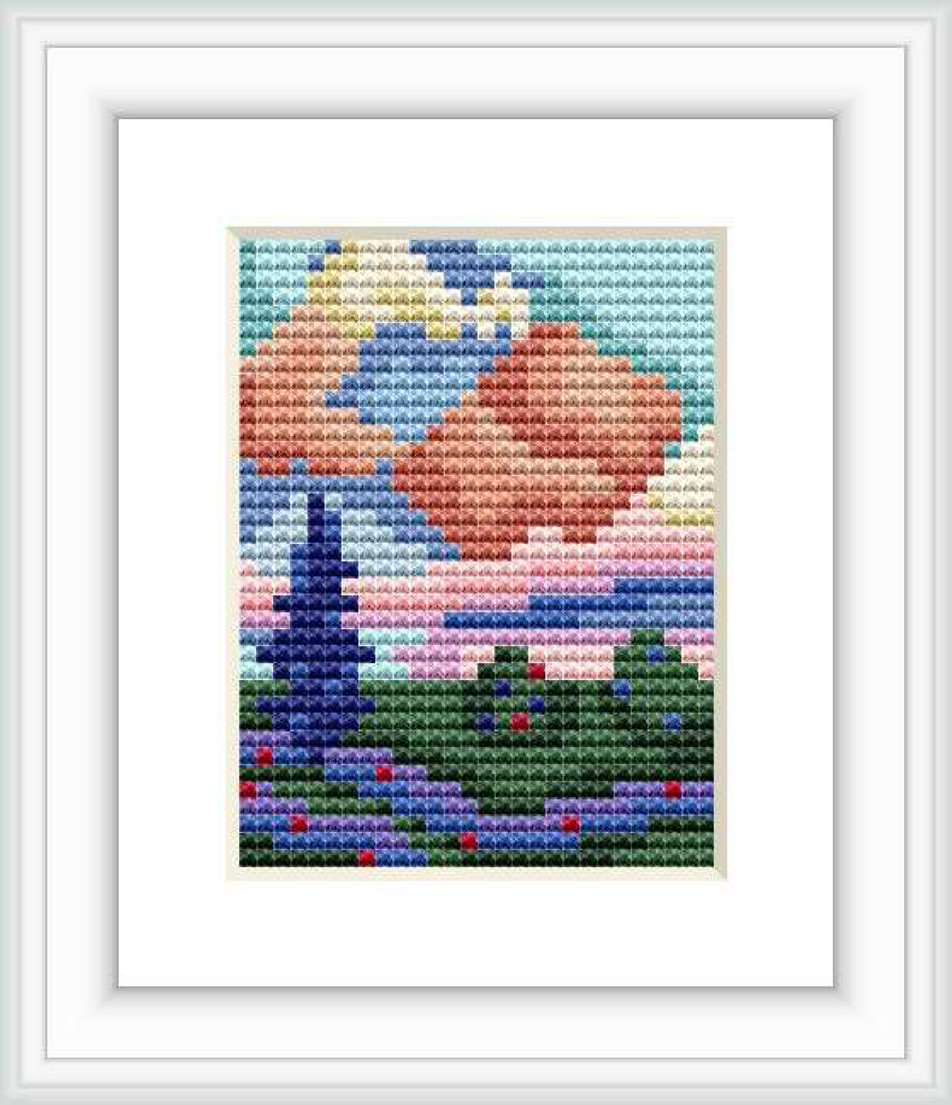 The image depicts a stylized landscape with a large pink cloud dominating the sky above a line of greenery, with blue and purple hues suggesting a body of water and smaller elements resembling flowers in the foreground.