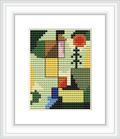 The image displays a cross stitch pattern with abstract geometric shapes resembling fir trees. The pattern is framed, with colors like green, yellow, brown, red, and hints of blue and pink.
