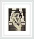 The cross stitch pattern features two abstract figures embracing, with contour lines suggesting their forms, set against a contrasting background.