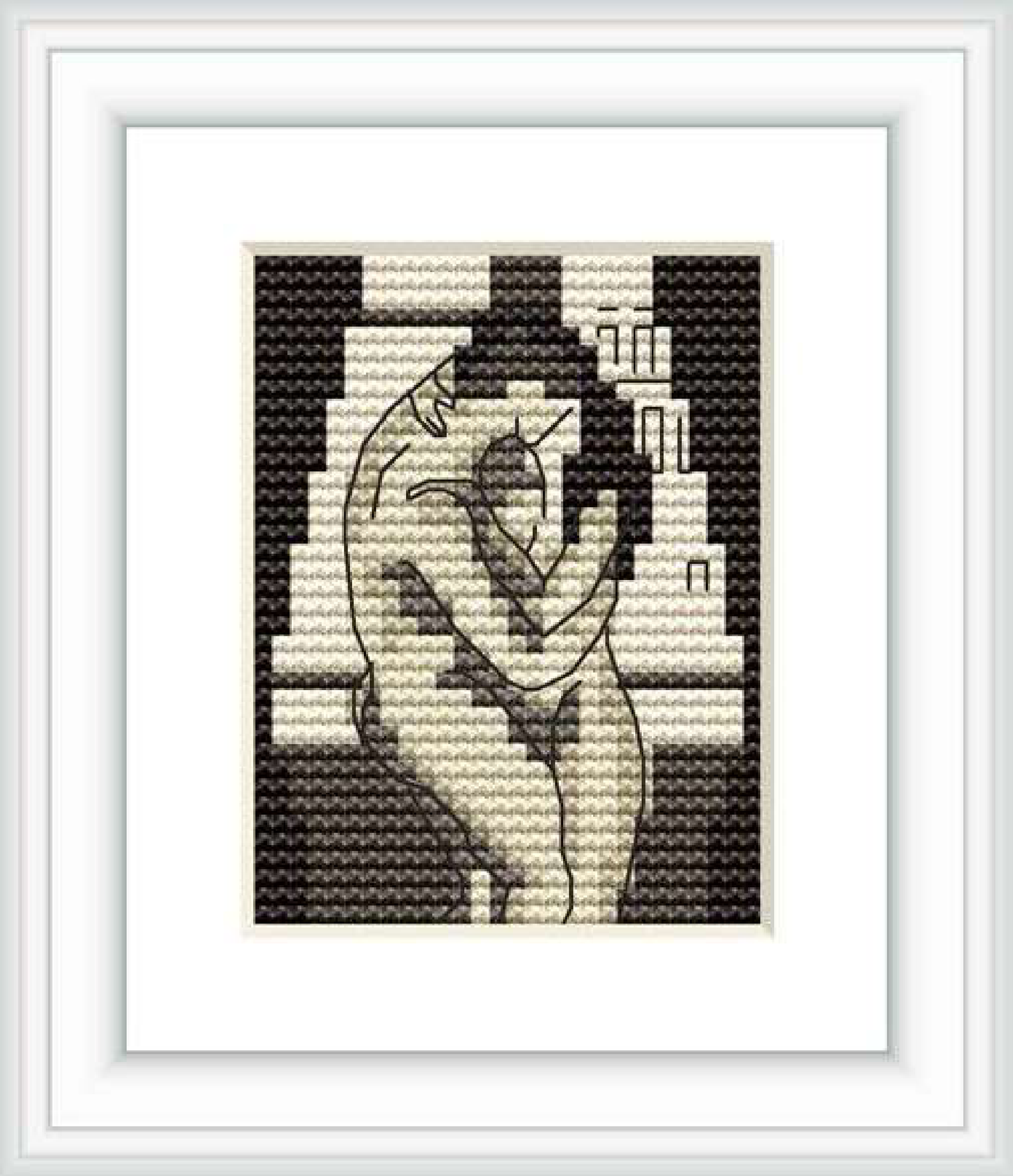 The cross stitch pattern features two abstract figures embracing, with contour lines suggesting their forms, set against a contrasting background.