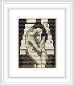 The cross stitch pattern features two abstract figures embracing, with contour lines suggesting their forms, set against a contrasting background.