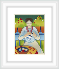 The image showcases a cross-stitch pattern that depicts a woman sitting on a balcony, engaged in the craft of embroidery. The background features an abstract representation of plants and architectural elements.