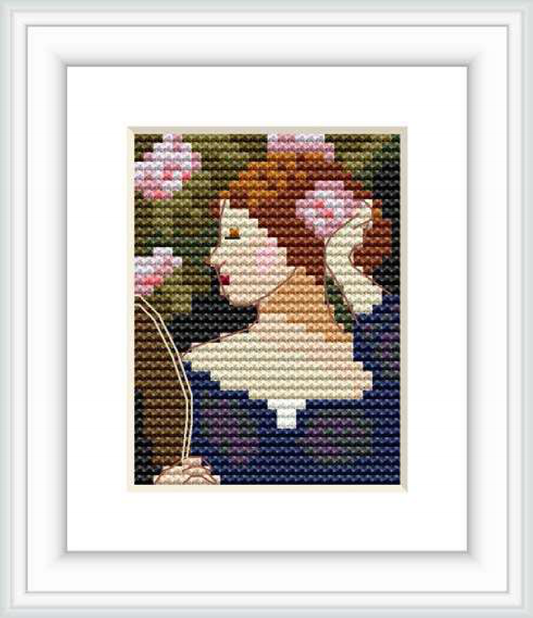 The cross stitch pattern features a profile portrait of a female figure against a muted, patterned background. The woman, with flushed cheeks and loosely styled hair, gazes to the side amidst blossoming flowers.