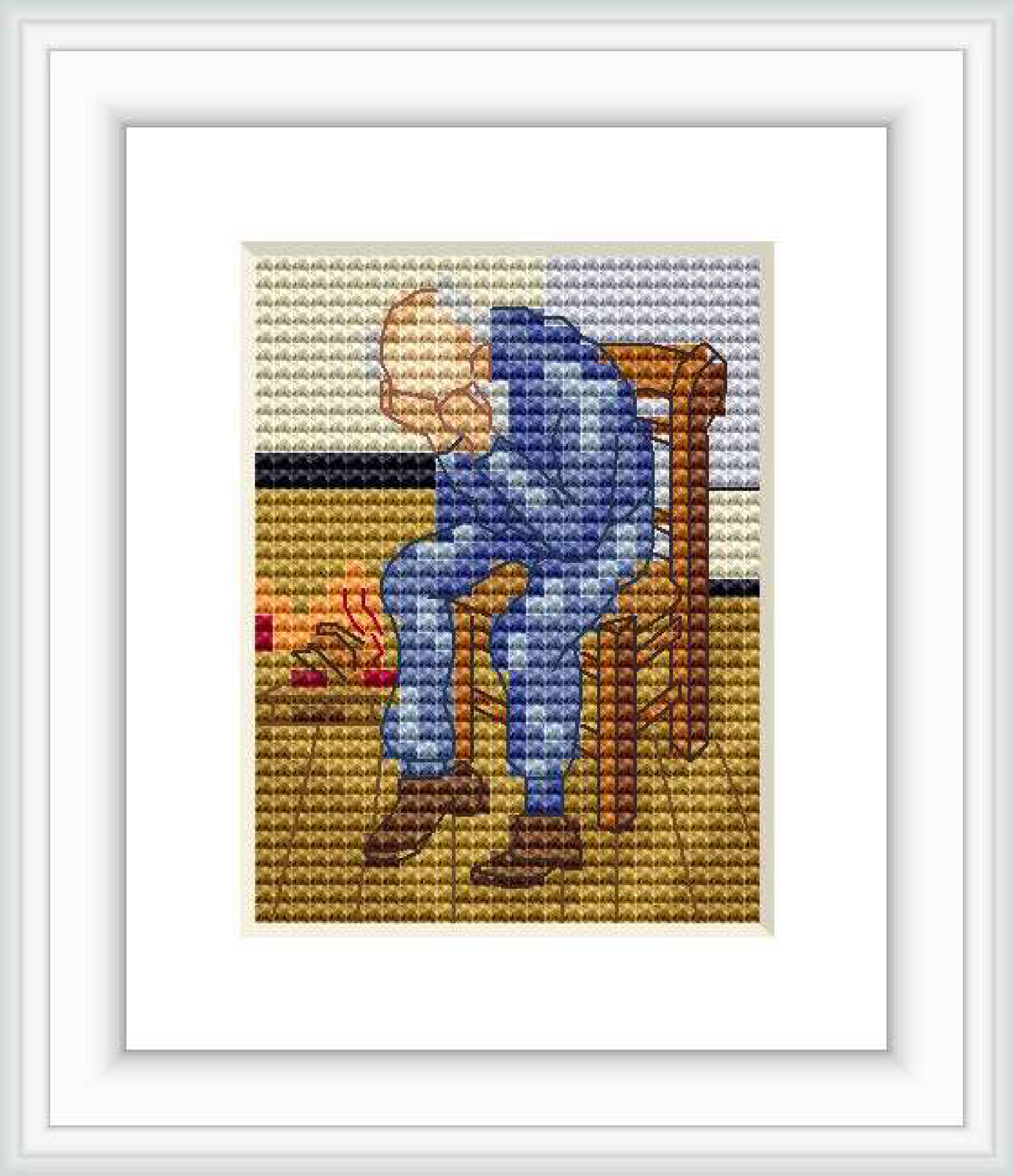 The image depicts a cross stitch pattern of an old man sitting on a wooden chair, facing left with his head bowed and hands clasped. He is wearing a blue outfit and sits before a warm-colored background.
