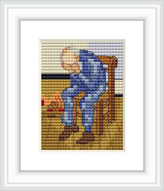 The image depicts a cross stitch pattern of an old man sitting on a wooden chair, facing left with his head bowed and hands clasped. He is wearing a blue outfit and sits before a warm-colored background.