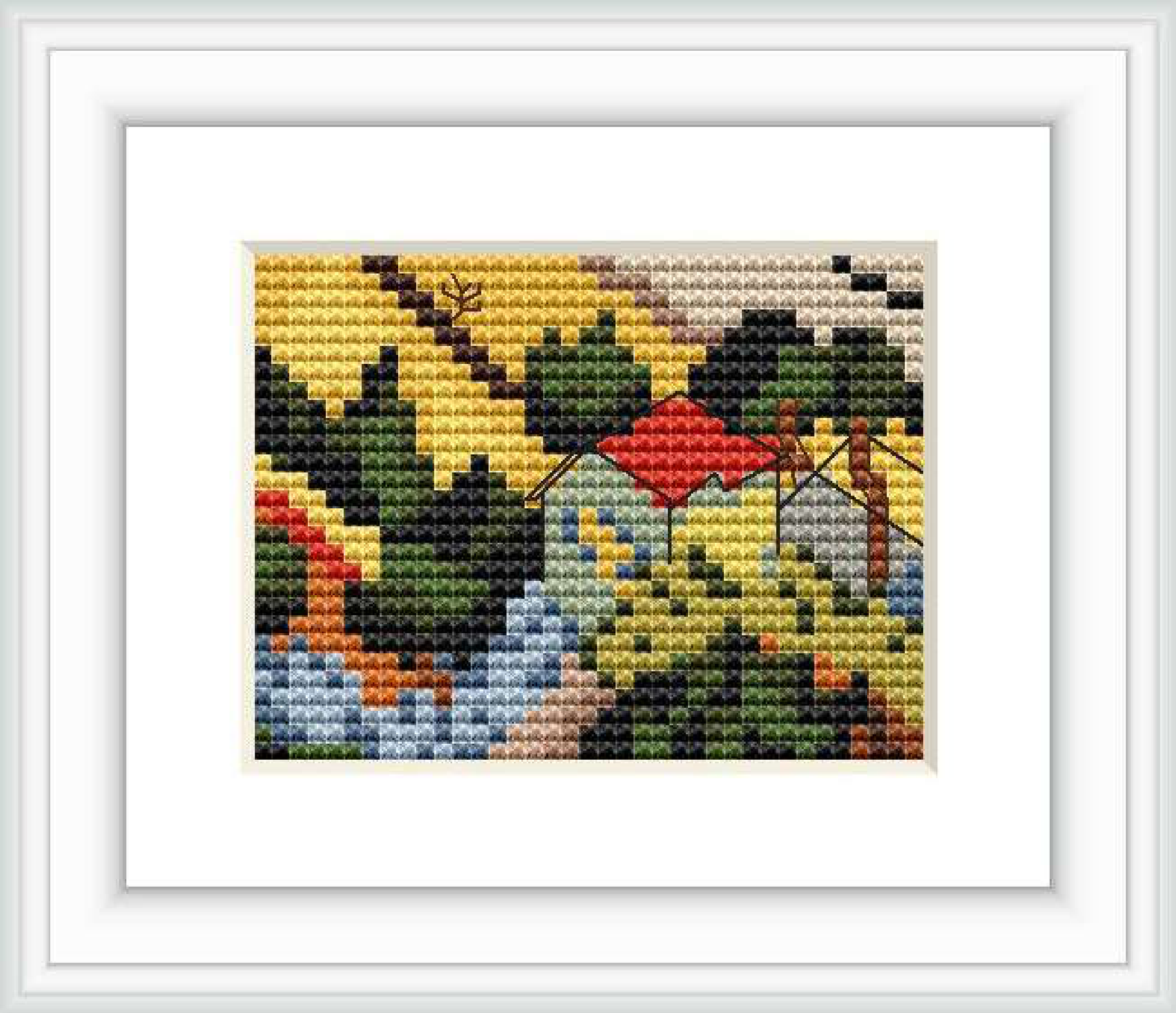 The cross stitch pattern depicts a valley with a ploughman and oxen, as seen from an elevated perspective. It includes elements like trees, fields, and a colorful umbrella.