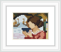 The cross stitch pattern represents a woman gazing into the sea with sailboats in the background, reflecting a mood of contemplation and serenity.