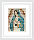 The image displays a pixelated cross stitch pattern of the Virgen de Guadalupe framed in white. The pattern is composed of small, square stitches forming the symbolic figure against a contrasting background.