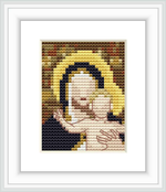 The cross stitch pattern depicts the bust of a serene Madonna with a halo, against a backdrop with lily motifs and a muted color palette.