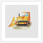 The image shows a cross stitch pattern of a bulldozer with a blade on the front. The vehicle is mostly in yellow and orange colors with black and gray details, stitched on a white canvas.