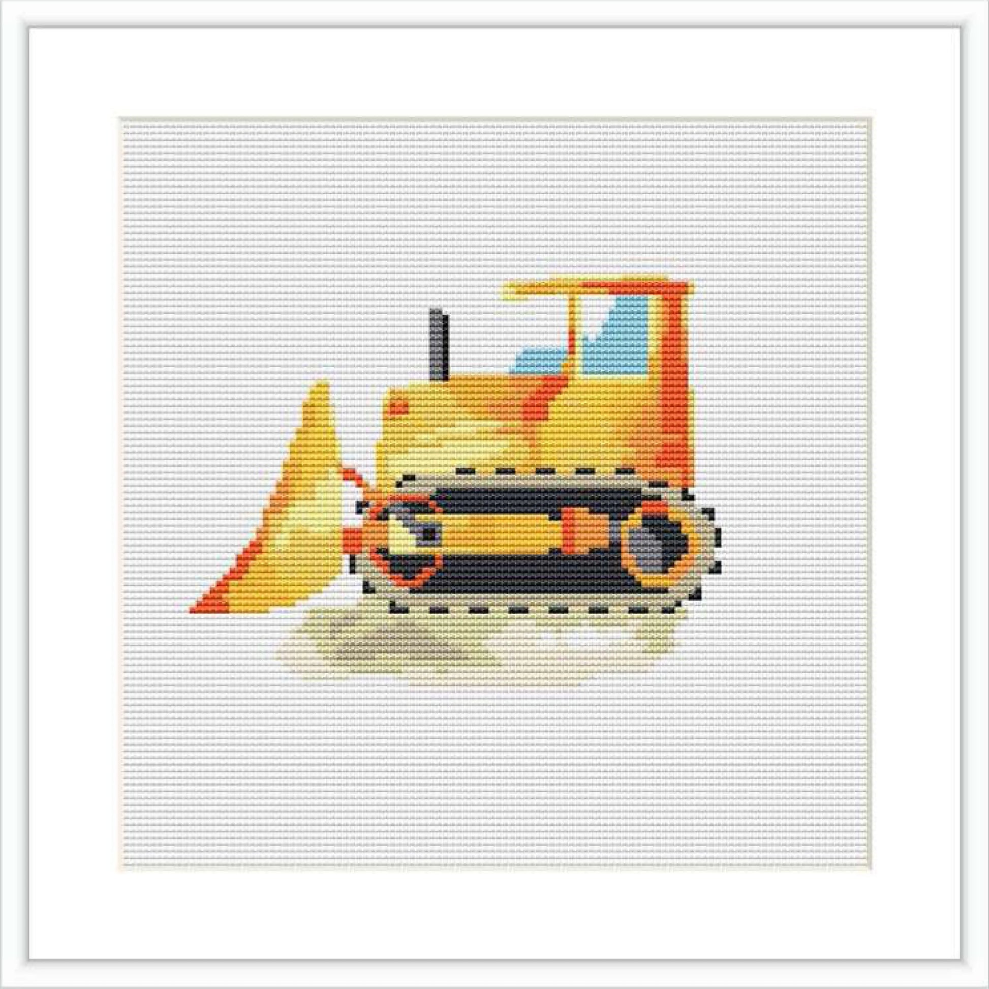 The image shows a cross stitch pattern of a bulldozer with a blade on the front. The vehicle is mostly in yellow and orange colors with black and gray details, stitched on a white canvas.