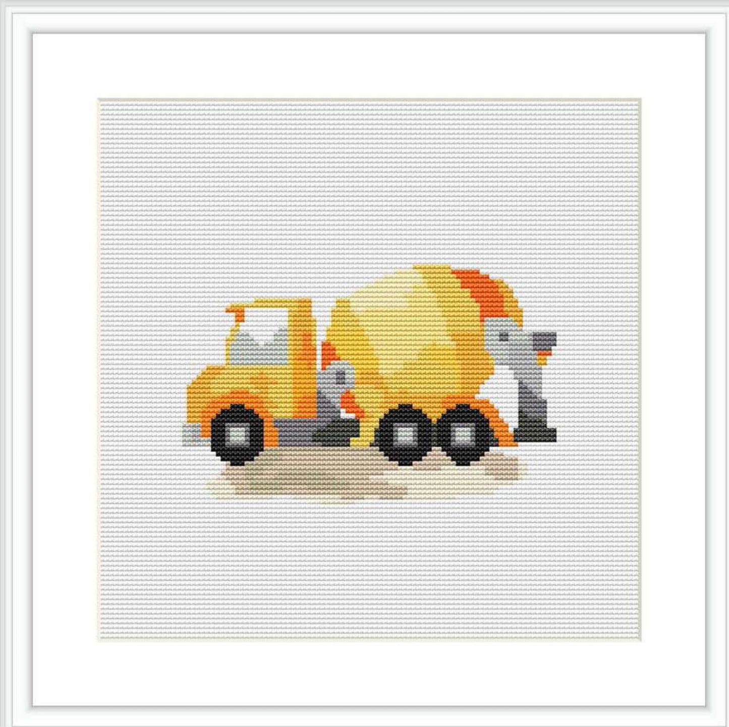 The image shows a cross stitch pattern of a cement mixer in yellow and orange, with a grey barrel and black wheels, centered on a square canvas.