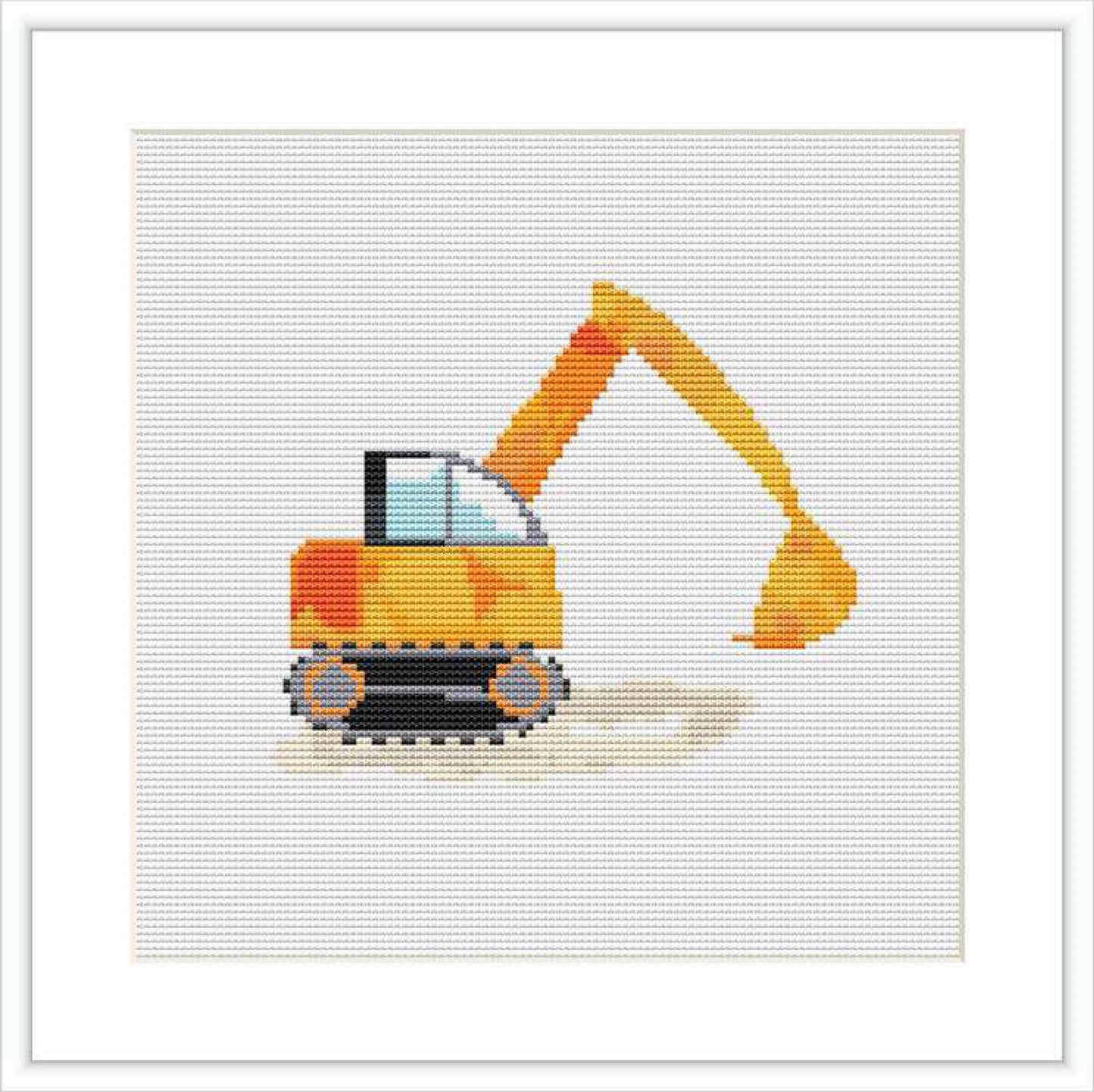 The pattern depicts an illustrated excavator with a prominent arm and bucket, placed centrally on a grid. The background is white, with the excavator featuring colors such as yellow, orange, black, and gray.