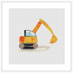 The pattern depicts an illustrated excavator with a prominent arm and bucket, placed centrally on a grid. The background is white, with the excavator featuring colors such as yellow, orange, black, and gray.