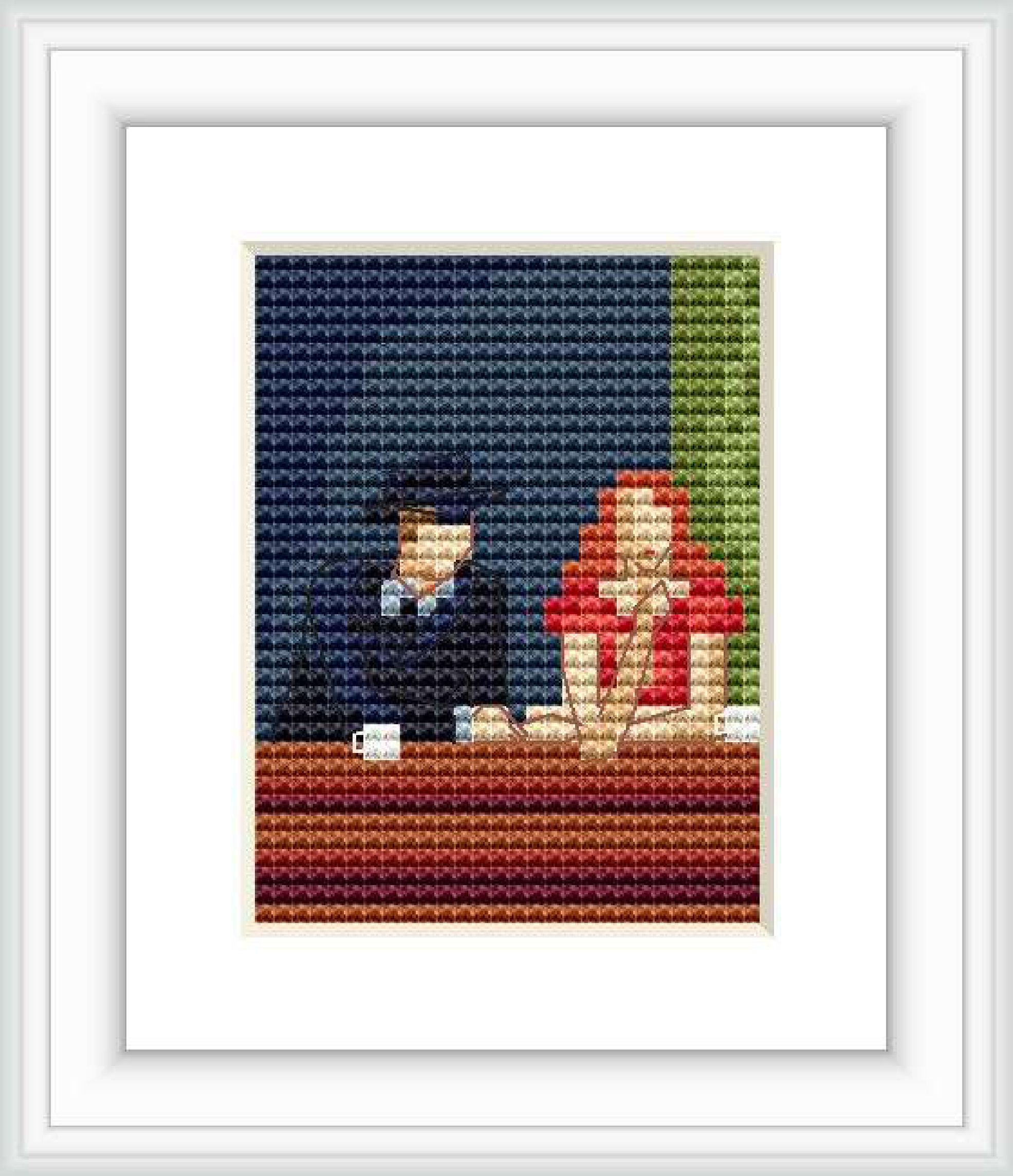 The image features a late-night diner setting with three patrons depicted in a highly pixelated style. They are positioned at a bar, with the backdrop of a night sky and sparse urban details.