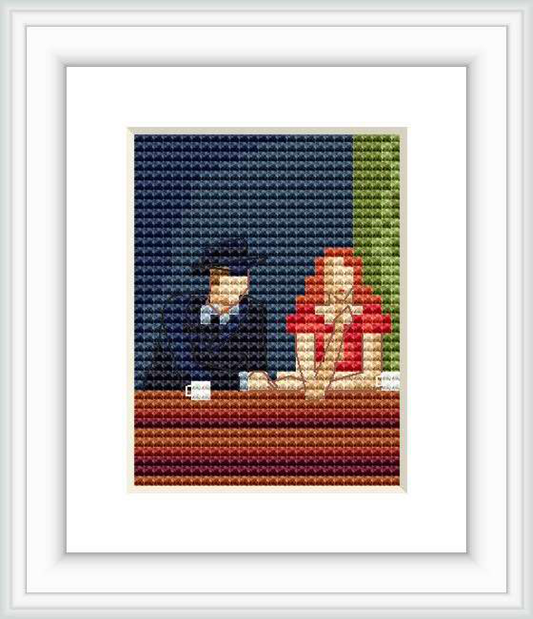 The image features a late-night diner setting with three patrons depicted in a highly pixelated style. They are positioned at a bar, with the backdrop of a night sky and sparse urban details.