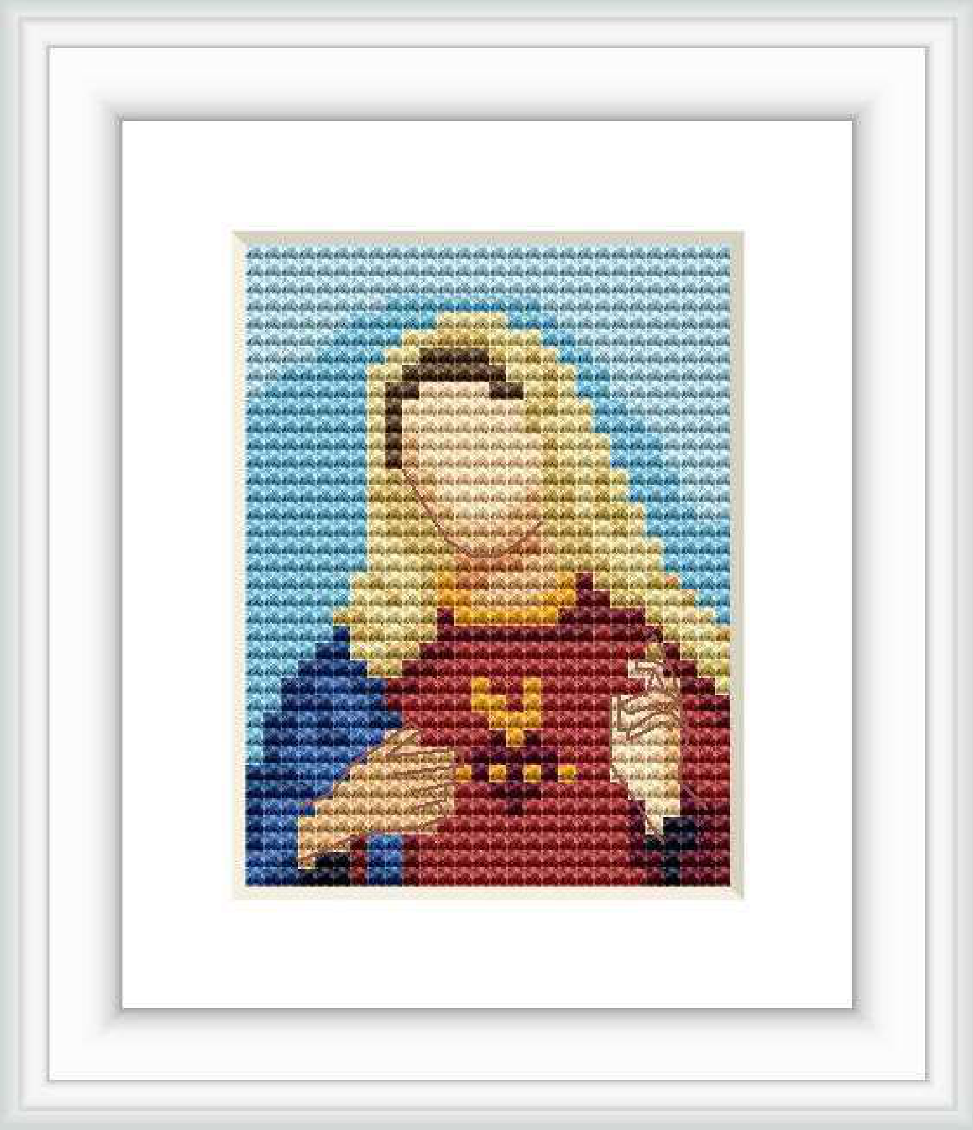 The image shows a cross stitch representation of the Virgin Mary, centered on a canvas with a blue background at the top and a neutral tone at the bottom. She's depicted with a red garment and a symbolic heart on her chest.