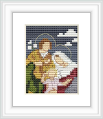 The image depicts a cross stitch pattern of the Holy Family with two figures, both with halos, surrounded by a dark blue background with white accents resembling clouds or a night sky.