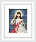 The image features a cross stitch pattern depicting the Divine Mercy, with Jesus Christ raising his right hand in blessing, and his left hand touching his chest with rays of white and red light emanating from his heart, set against a dark blue background.
