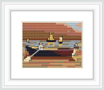 The image shows a cross stitch pattern of two sailboats in a harbor with figures rowing. There are waves depicted on the water, and it reflects the setting or rising sun with light clouds in the sky.