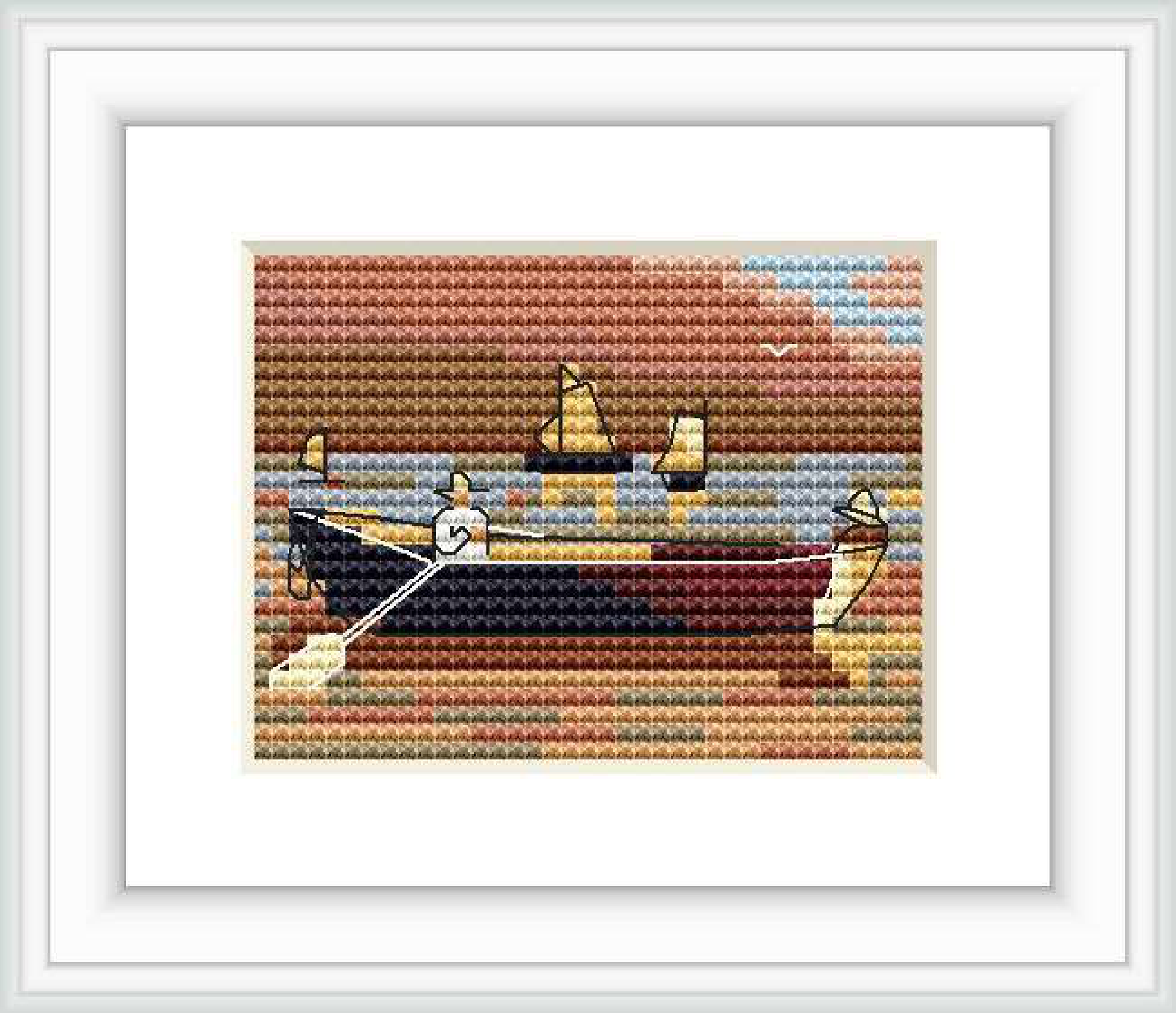 The image shows a cross stitch pattern of two sailboats in a harbor with figures rowing. There are waves depicted on the water, and it reflects the setting or rising sun with light clouds in the sky.