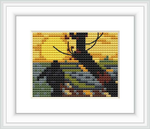 The cross stitch pattern depicts the silhouette of a sower in the foreground with outstretched arms, casting seeds. In the background, there is a representation of the setting sun and rolling hills, all rendered in a pixelated style reminiscent of Van Gogh's brushwork.