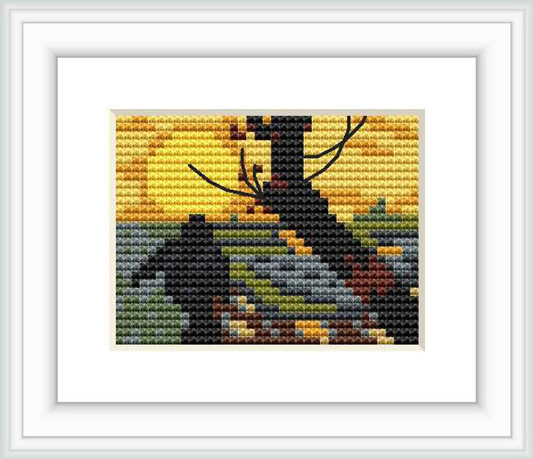 The cross stitch pattern depicts the silhouette of a sower in the foreground with outstretched arms, casting seeds. In the background, there is a representation of the setting sun and rolling hills, all rendered in a pixelated style reminiscent of Van Gogh's brushwork.