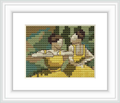 The image depicts two ballet dancers in yellow skirts captured mid-pose. They are set against a blurred background that suggests an impressionistic style, focusing on the movement and form of the dancers.