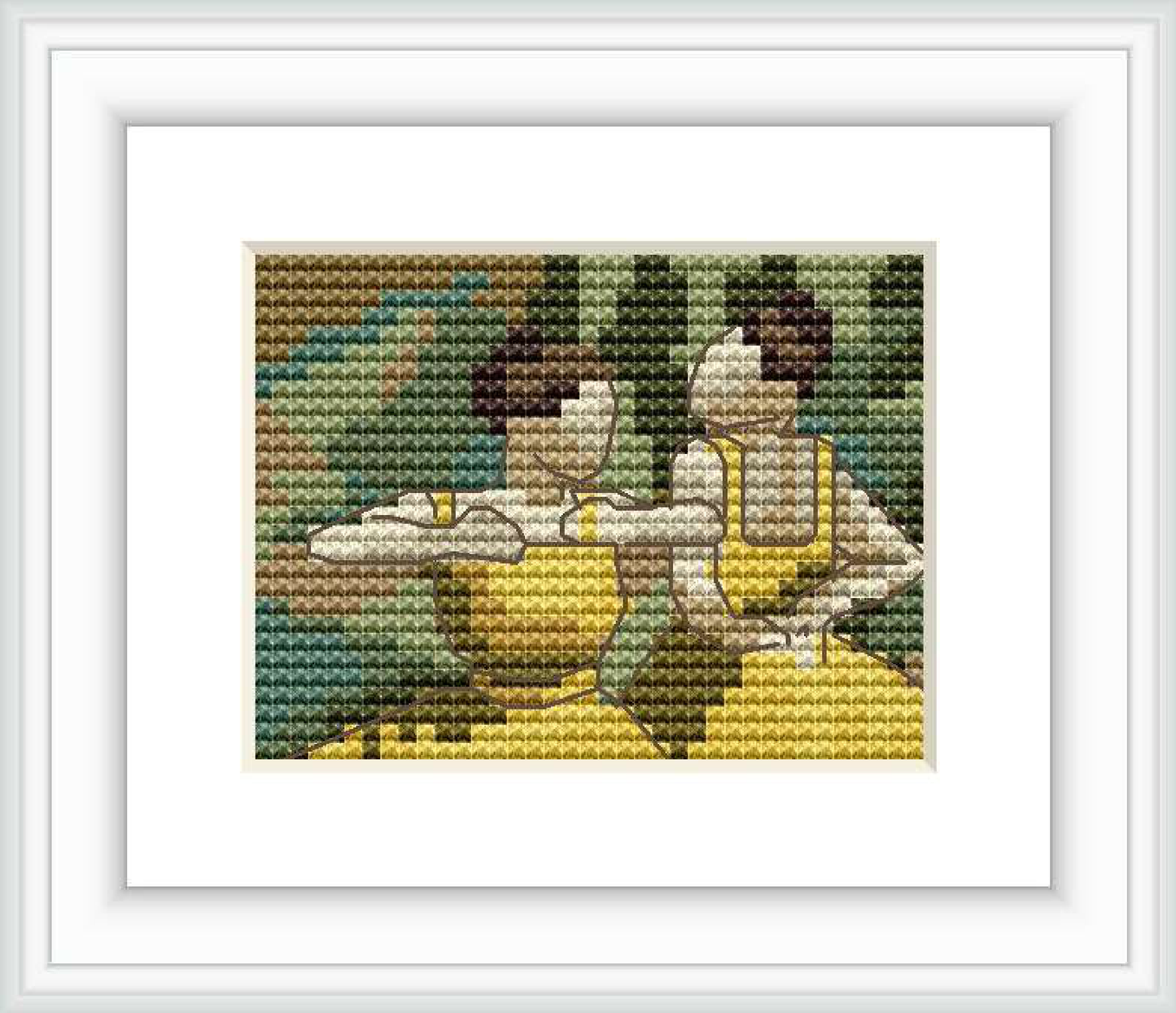 The image depicts two ballet dancers in yellow skirts captured mid-pose. They are set against a blurred background that suggests an impressionistic style, focusing on the movement and form of the dancers.
