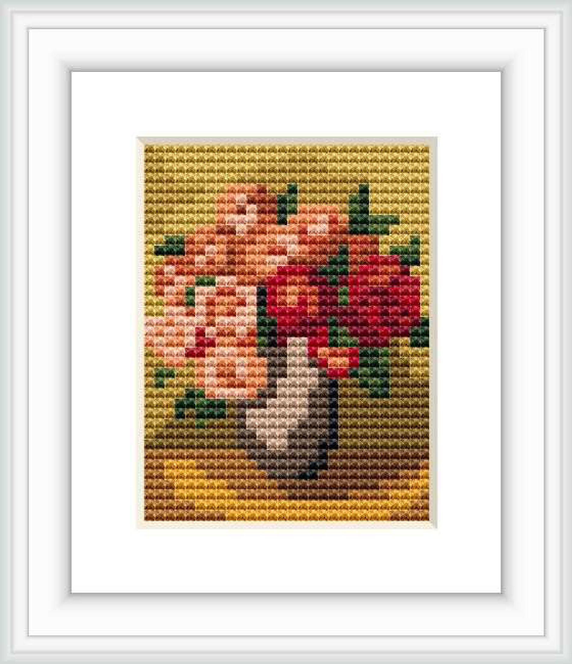 A cross-stitch pattern depicting a vase filled with multi-colored roses on a backdrop of variegated yellow shades, symbolizing a still life setting.