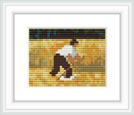 The cross stitch pattern depicts a figure mowing a field, surrounded by a lush green landscape with splashes of browns and yellows, representing the rustic charm of the countryside.