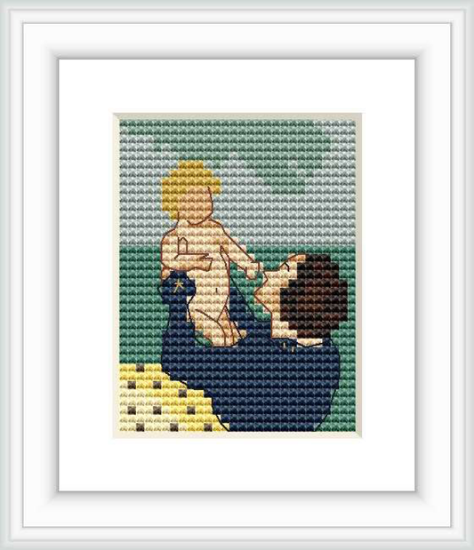 A stylized representation of a mother holding her child under a large chestnut tree.