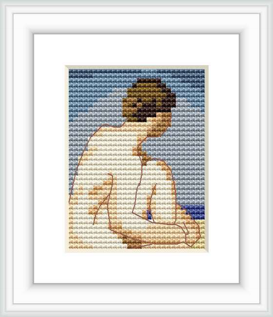 The image shows a cross stitch pattern depicting a seated human figure from behind, gazing into the distance against a muted background.