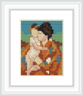 The image depicts a cross stitch representation of a woman embracing a baby. They are centrally placed in the composition, surrounded by a backdrop of earthy tones, possibly indicating an indoor setting.