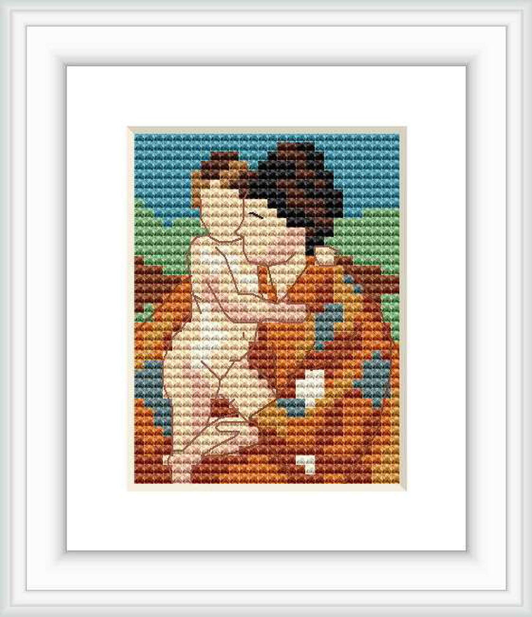 The image depicts a cross stitch representation of a woman embracing a baby. They are centrally placed in the composition, surrounded by a backdrop of earthy tones, possibly indicating an indoor setting.