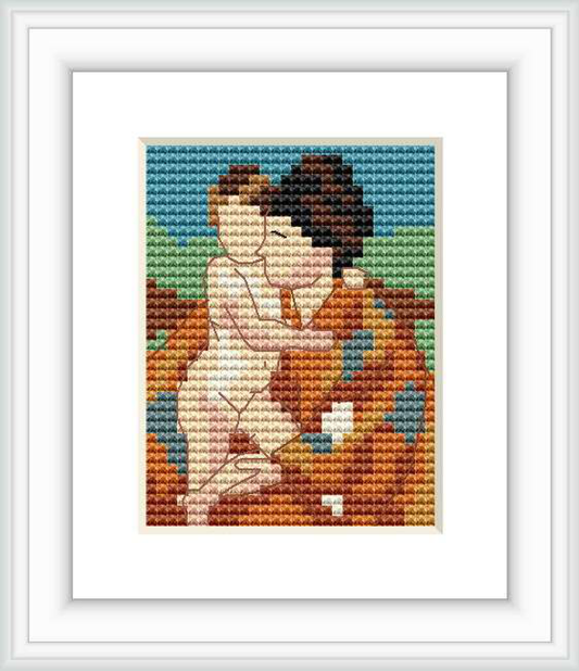 The image depicts a cross stitch representation of a woman embracing a baby. They are centrally placed in the composition, surrounded by a backdrop of earthy tones, possibly indicating an indoor setting.